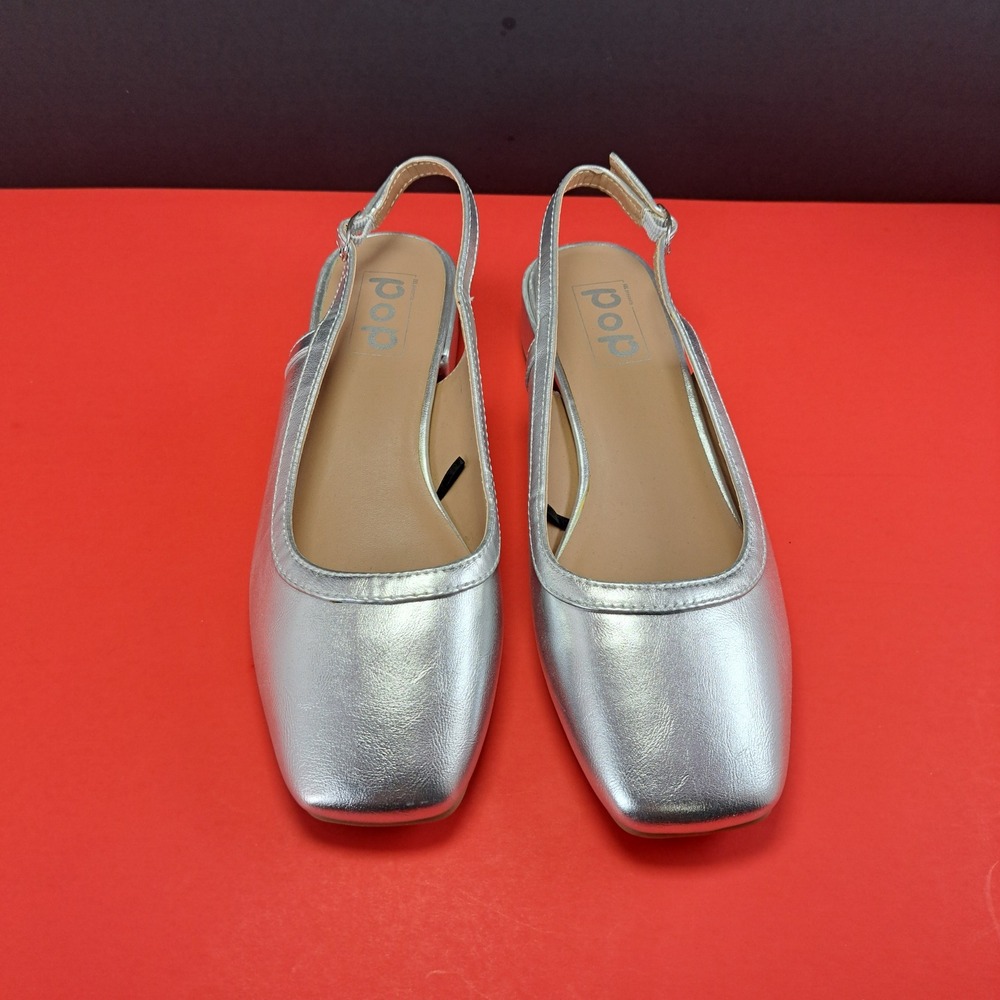POP Tameo Slingback Flats Women 8.5M Silver Excellent Square Toe Block Heel‎